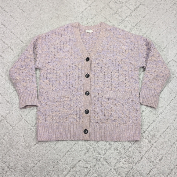 A.L.C. Sweater Womens XS Purple Beige Jacks Cardigan Honeycomb Cable Knit Wool - Picture 1 of 8